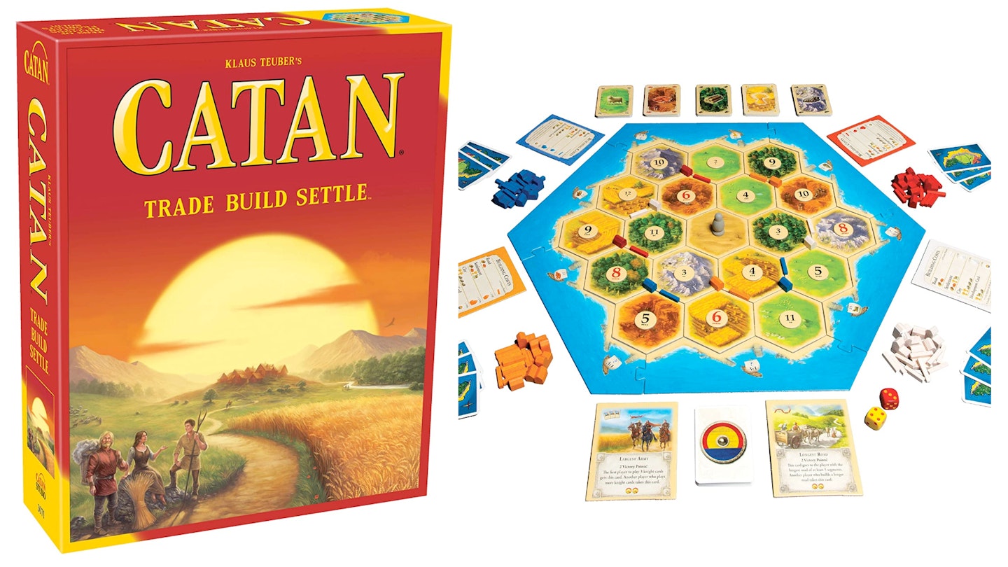 Catan board game image - box and the game on a table