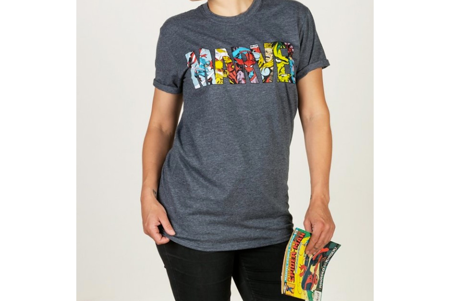 Women's Charcoal Marl Marvel Comic Strip Logo Boyfriend T-Shirt, £12.99